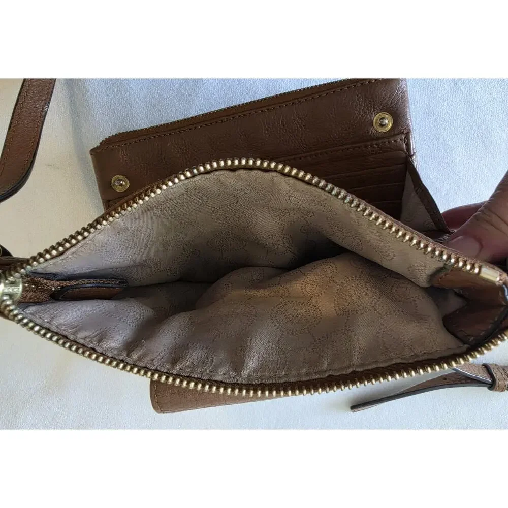 Michael Kors Fulton Double Zip Crossbody Bag Cognac Brown Pebbled Leather MK